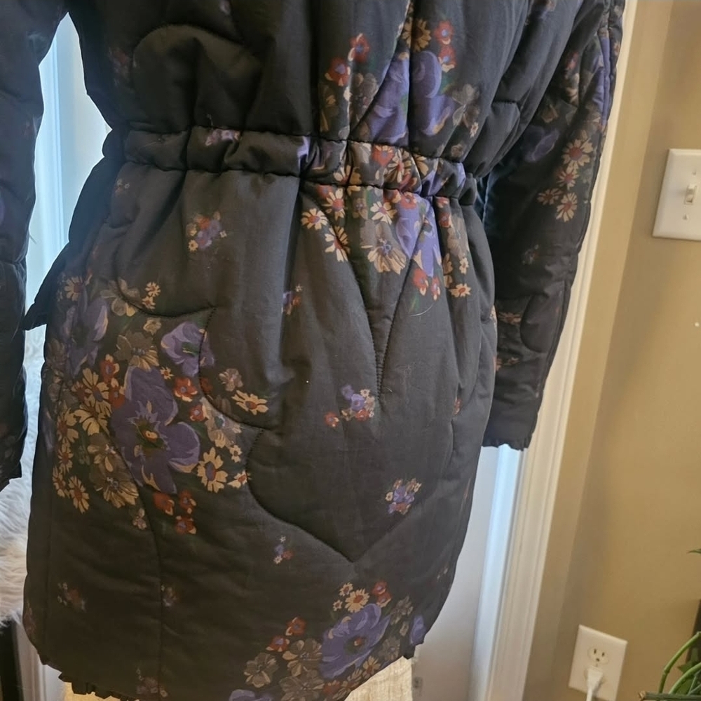 Coach Black Quilted Puffer Jacket with Purple Floral Print - Picture 3 of 6